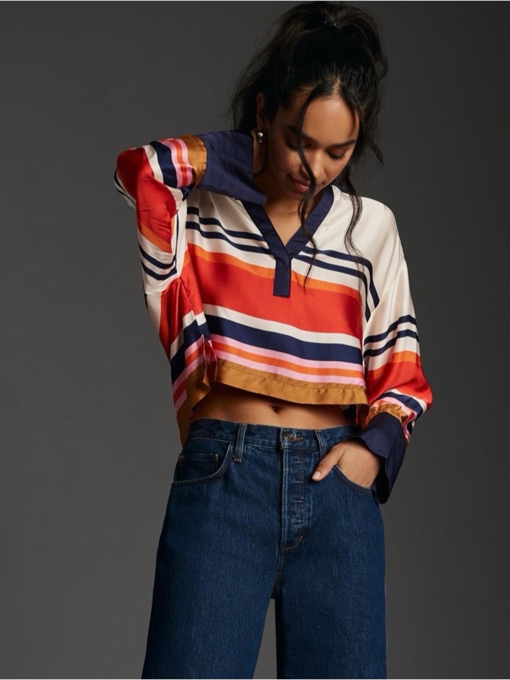 Maeve Silky Collared Striped V-Neck Cropped Blouse - Red, Navy & Cream